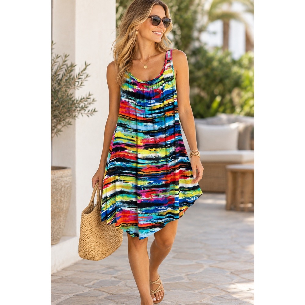 John Mark Abstract Brushstroke Sleeveless Dress Womens M Multi Handkerchief Hem